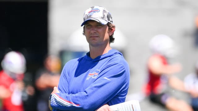 Jun 14, 2022; Orchard Park, New York, USA; Buffalo Bills offensive coordinator Ken Dorsey looks on during minicamp at the ADPRO Sports Training Center. Mandatory Credit: Rich Barnes-USA TODAY Sports  